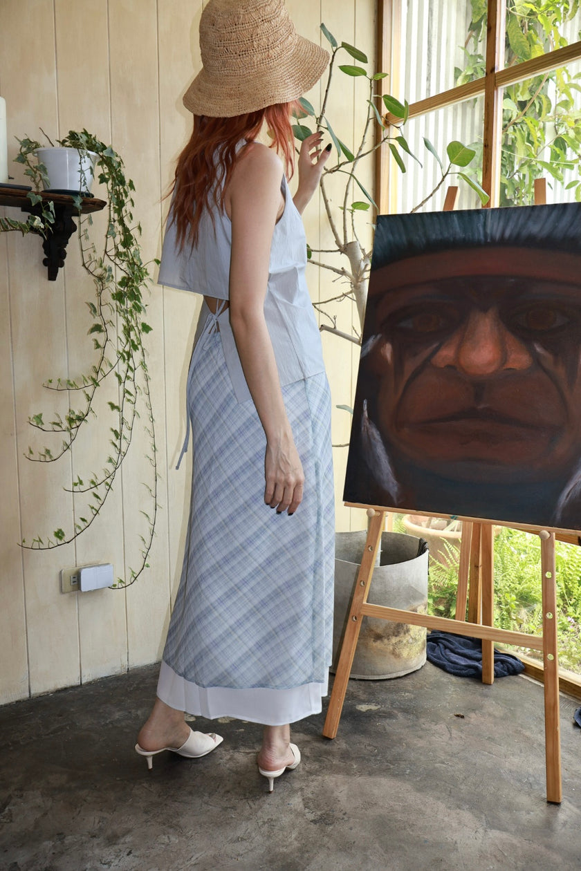 南法漫步格紋半裙-藍