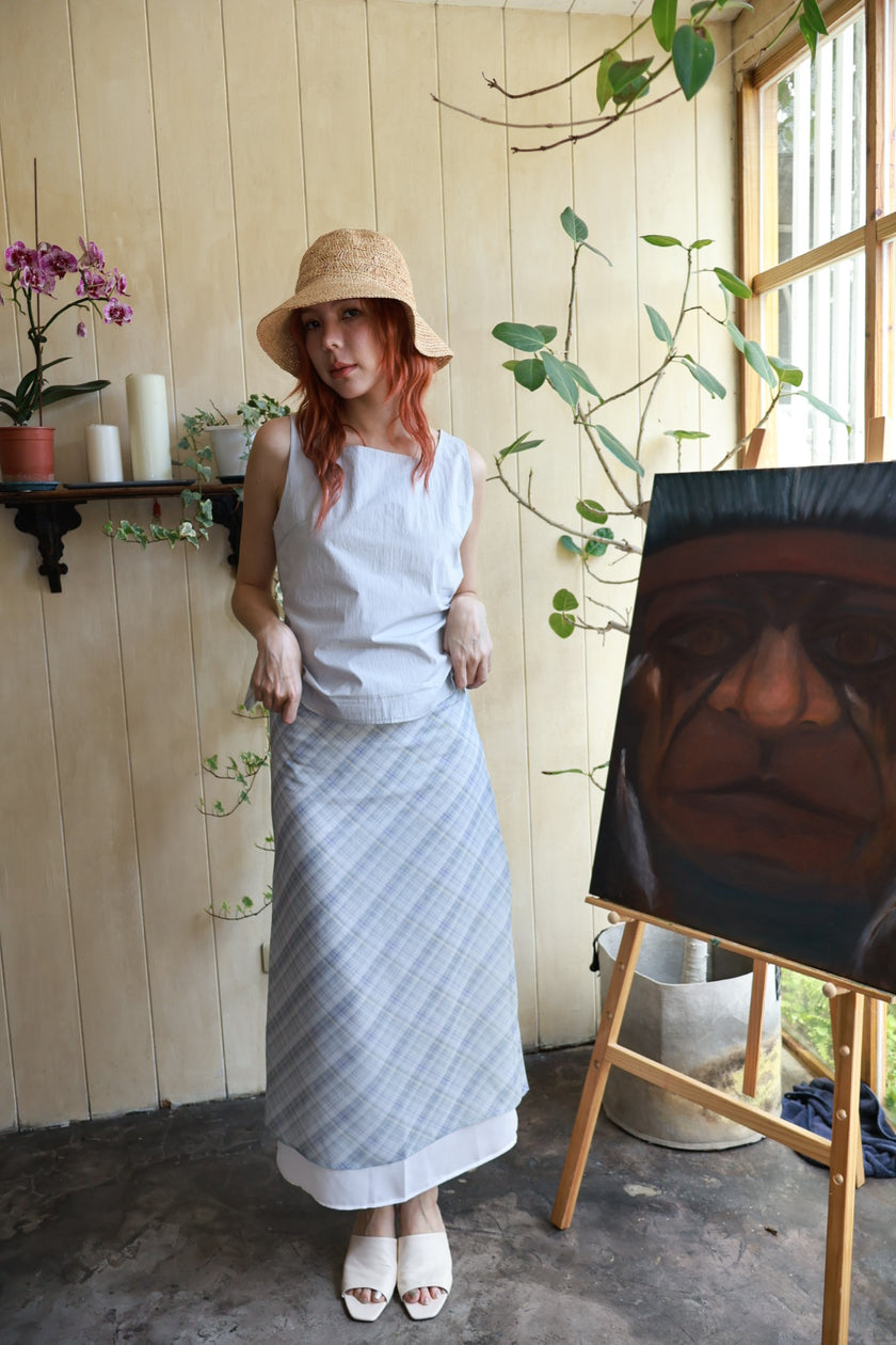 南法漫步格紋半裙-藍