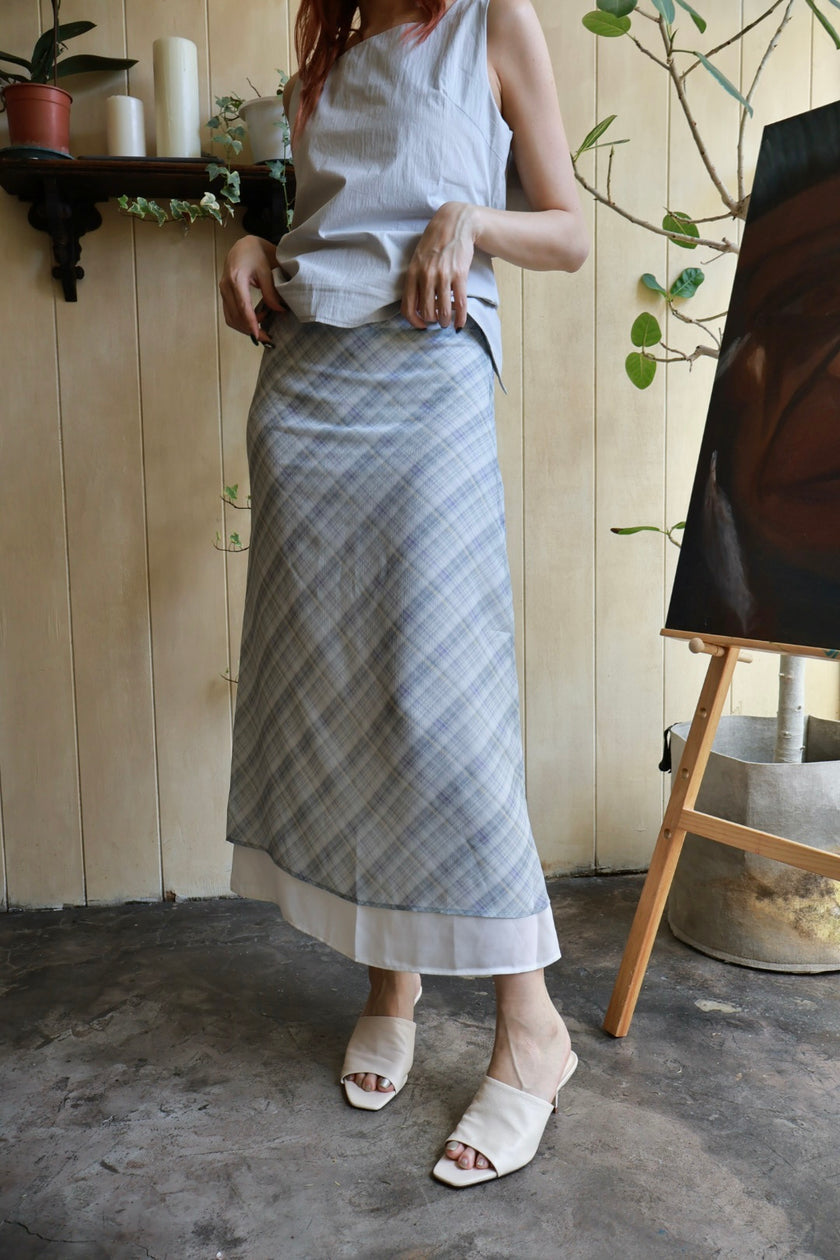 南法漫步格紋半裙-藍