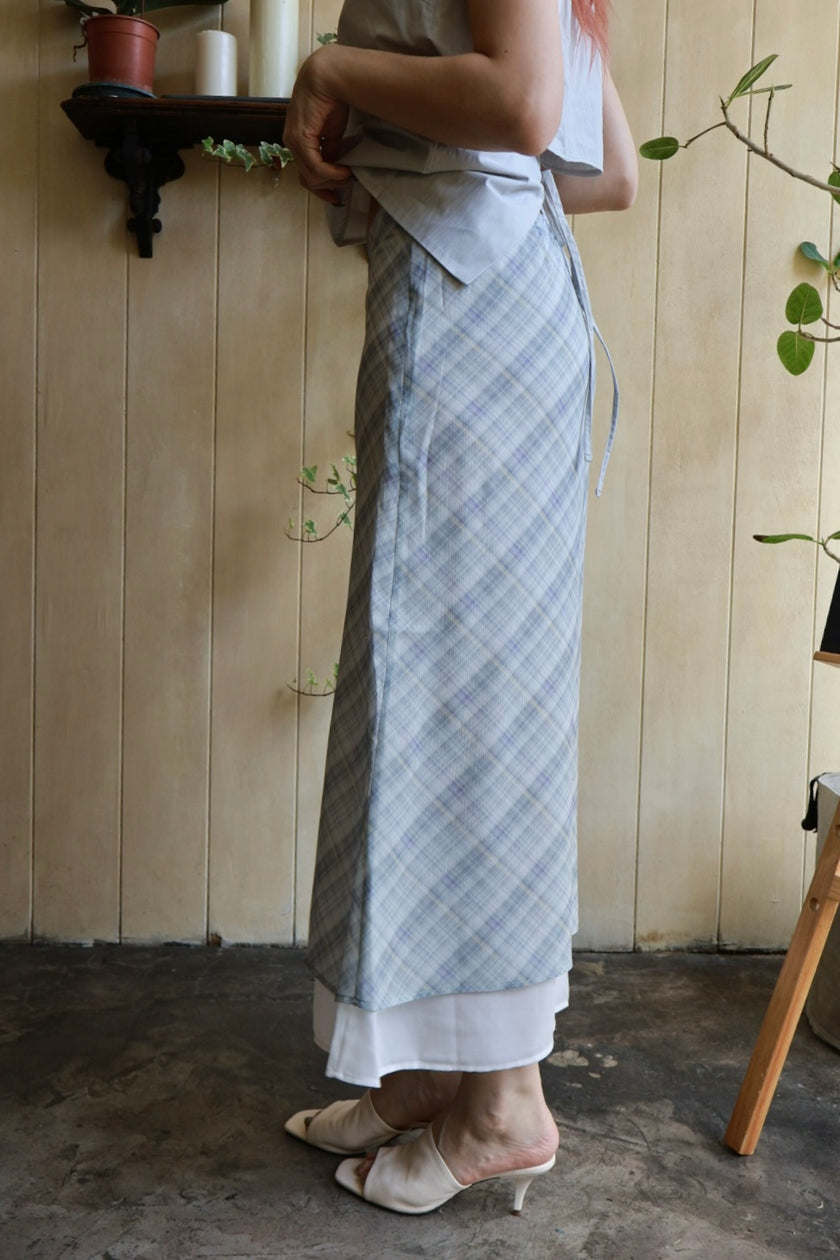 南法漫步格紋半裙-藍