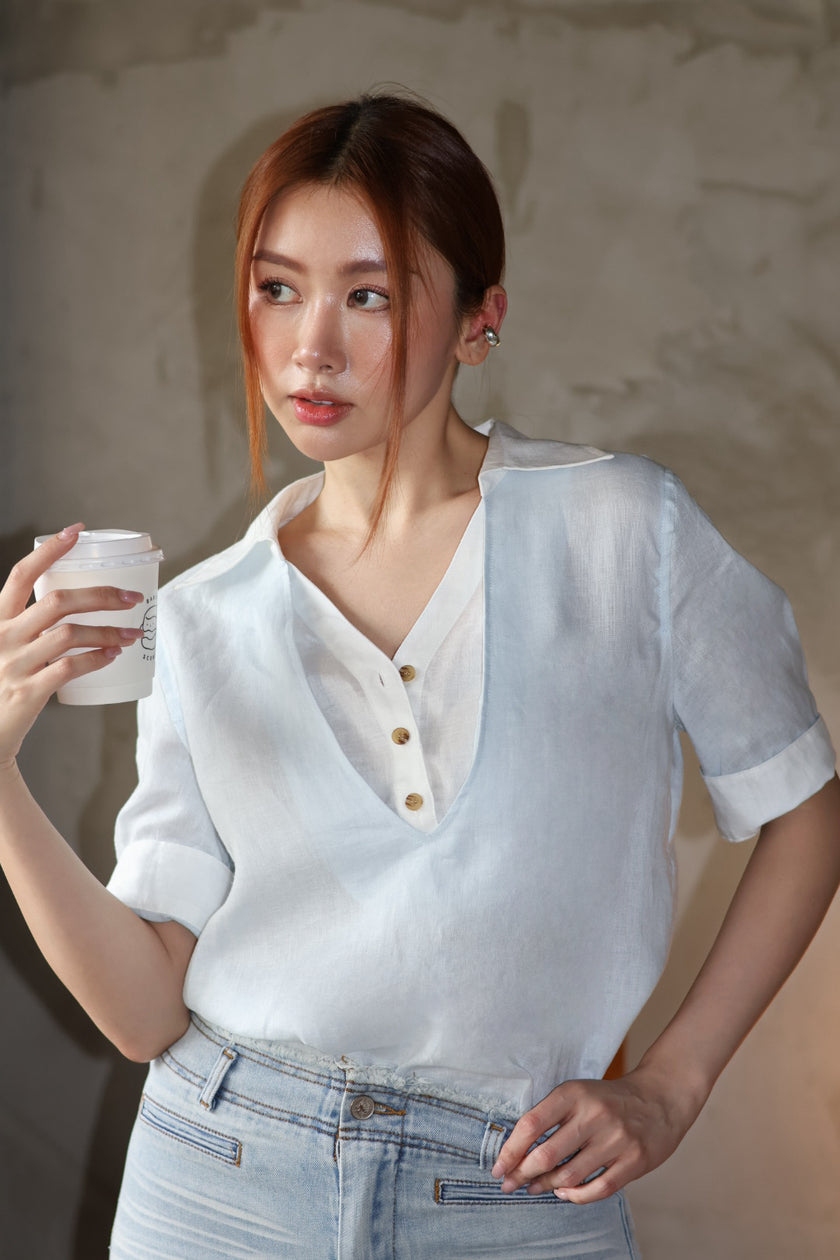 老錢亞麻假兩件襯衫-淺藍