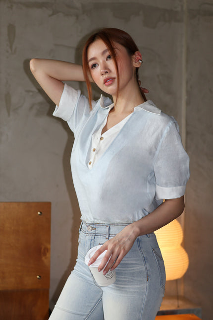 老錢亞麻假兩件襯衫-淺藍