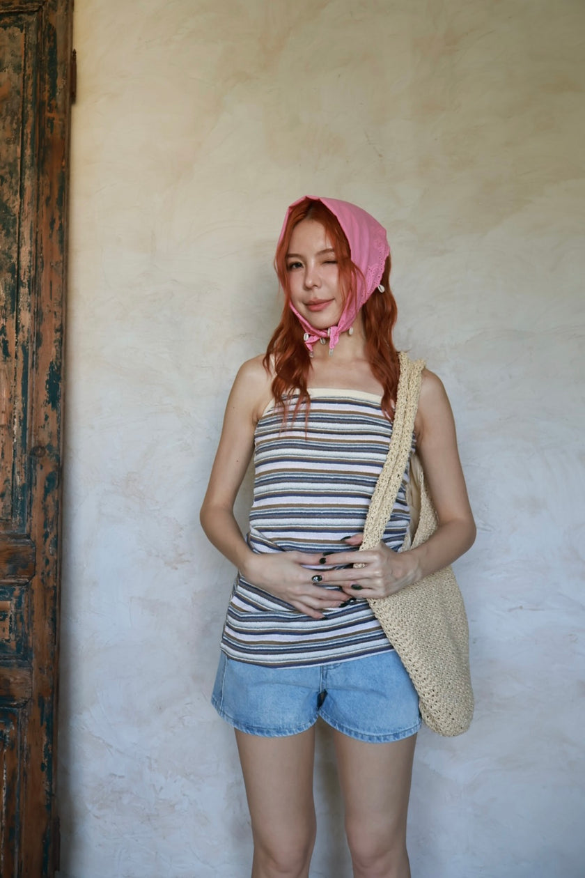 南法條紋削肩短洋-咖