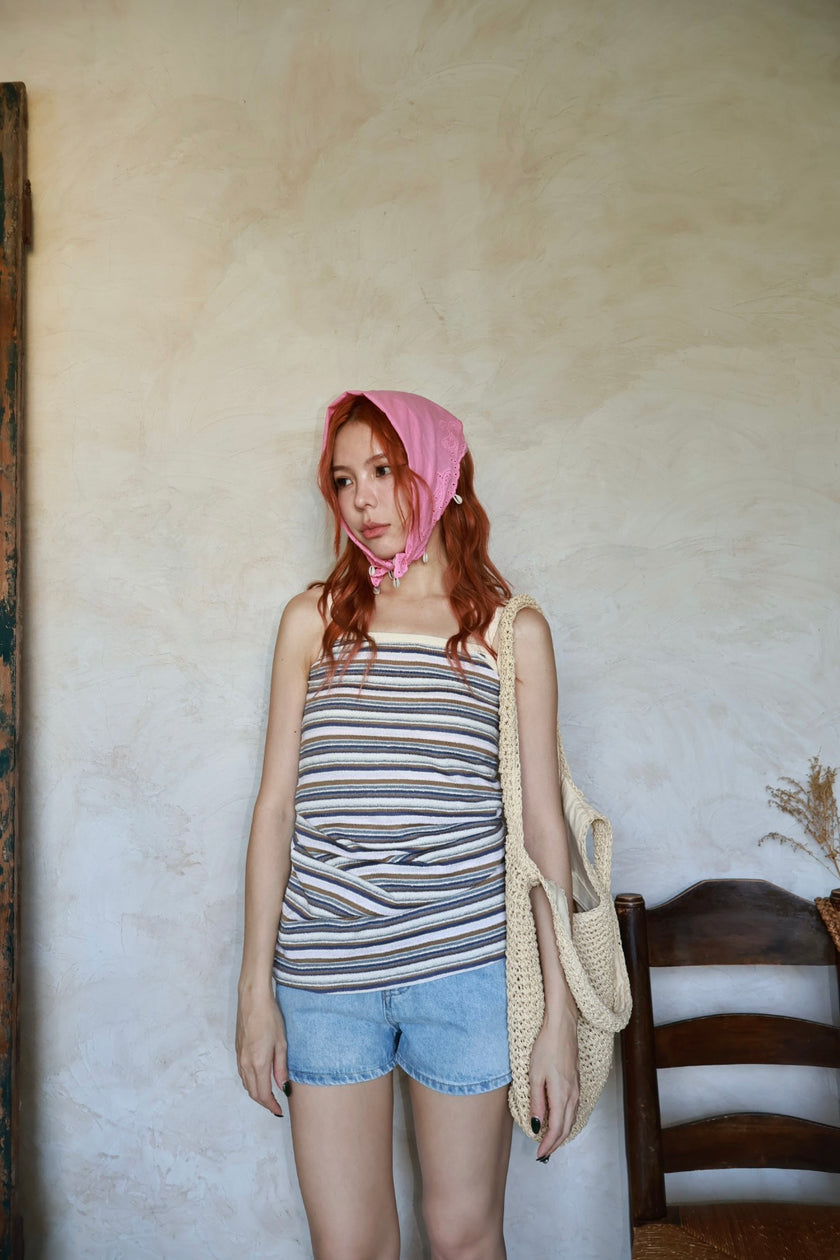 南法條紋削肩短洋-咖