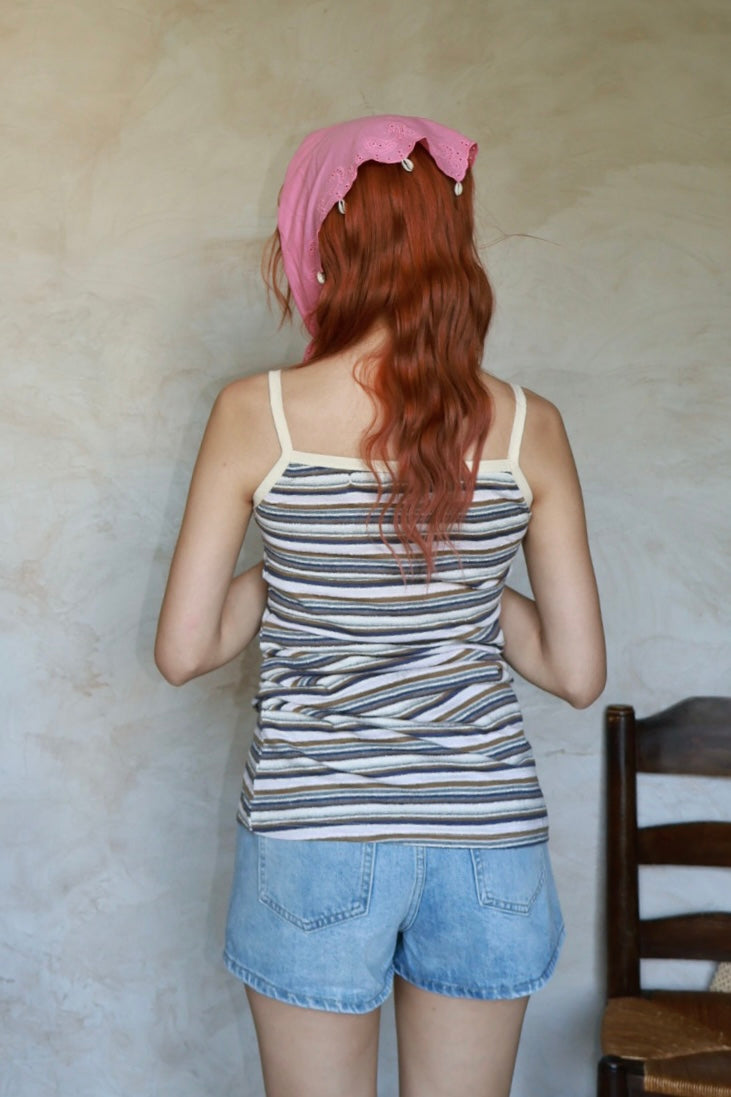 南法條紋削肩短洋-咖