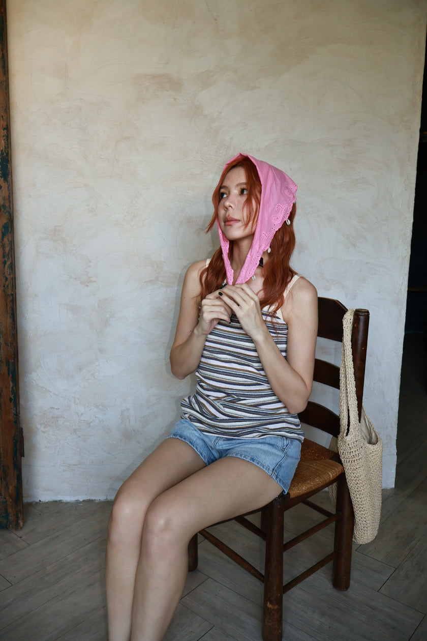 南法條紋削肩短洋-咖