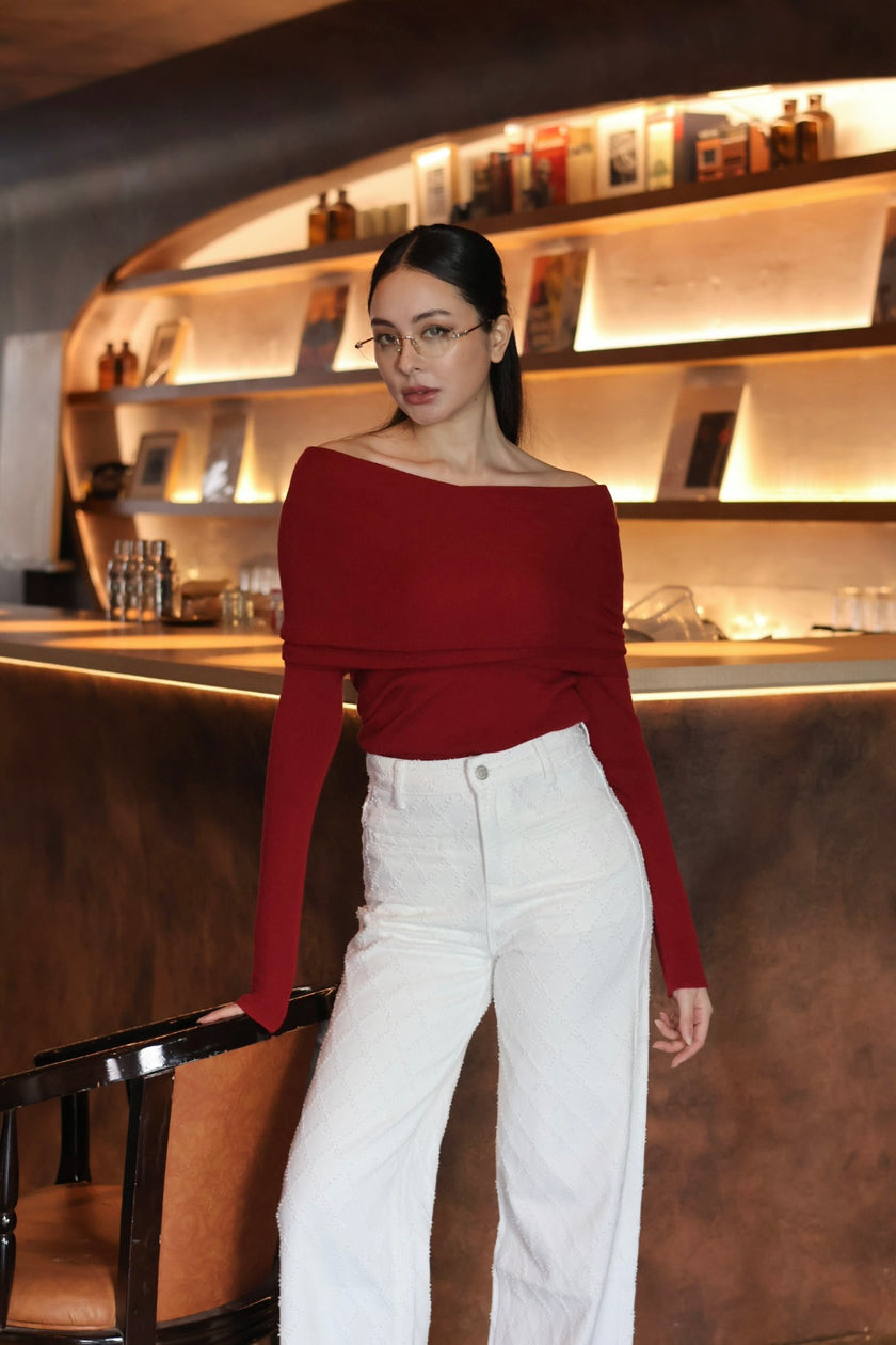 月下鎖骨一字領針織-紅