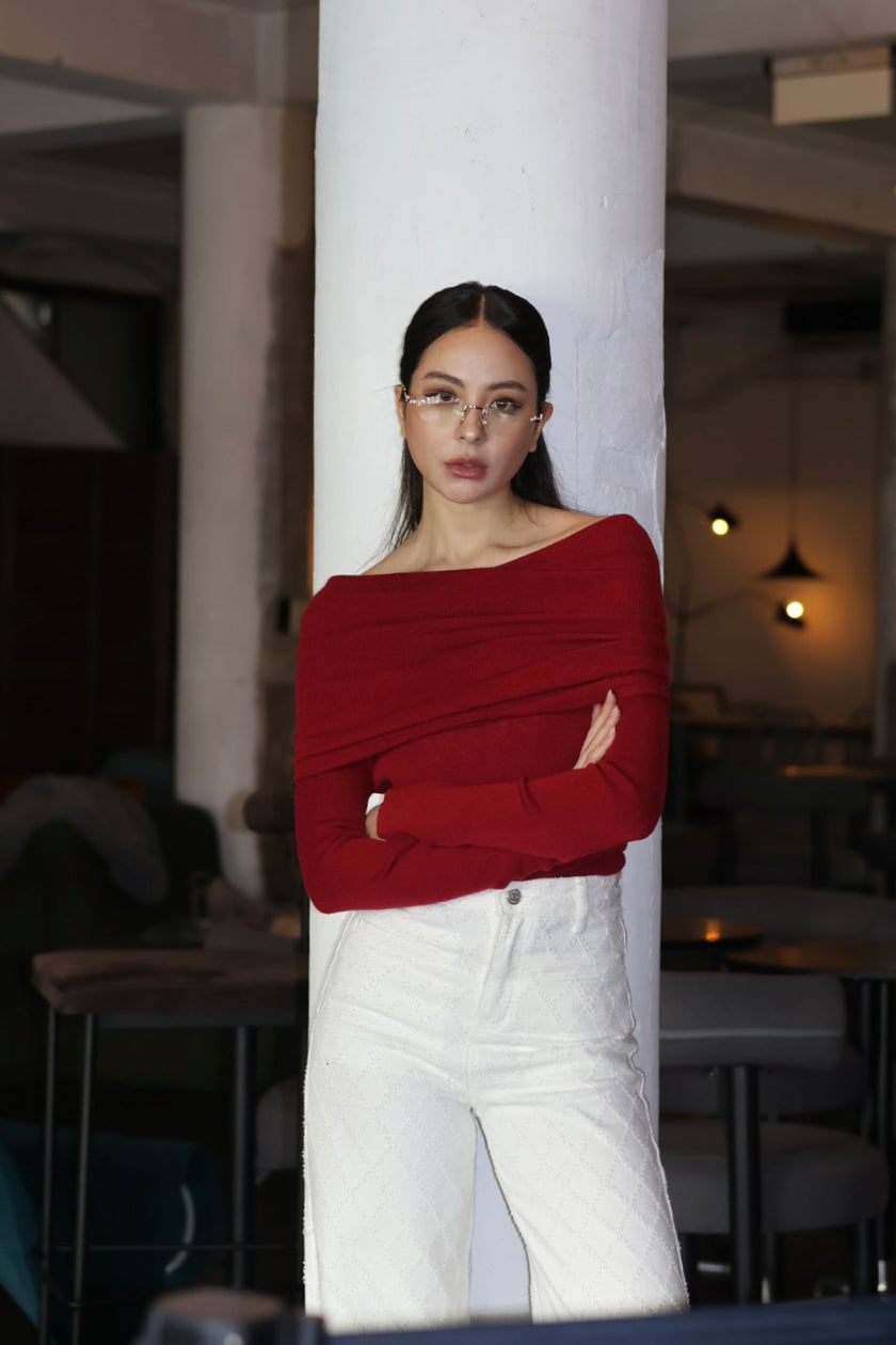 月下鎖骨一字領針織-紅