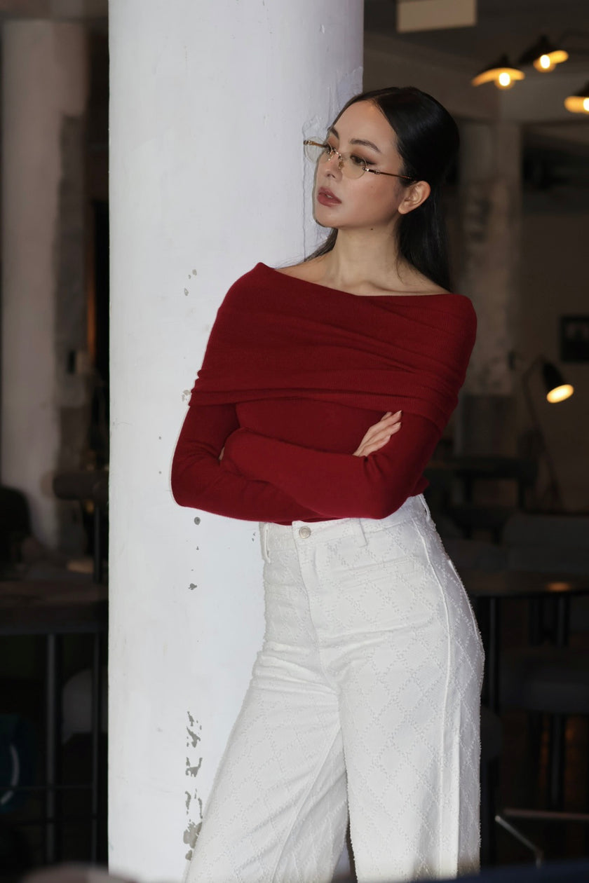 月下鎖骨一字領針織-紅