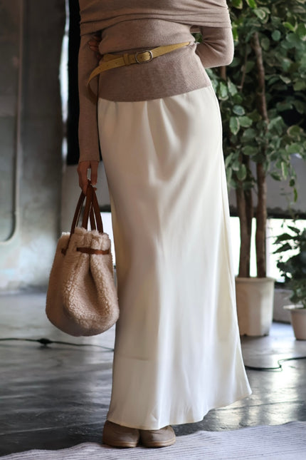 月光鬆緊緞面半裙-米白