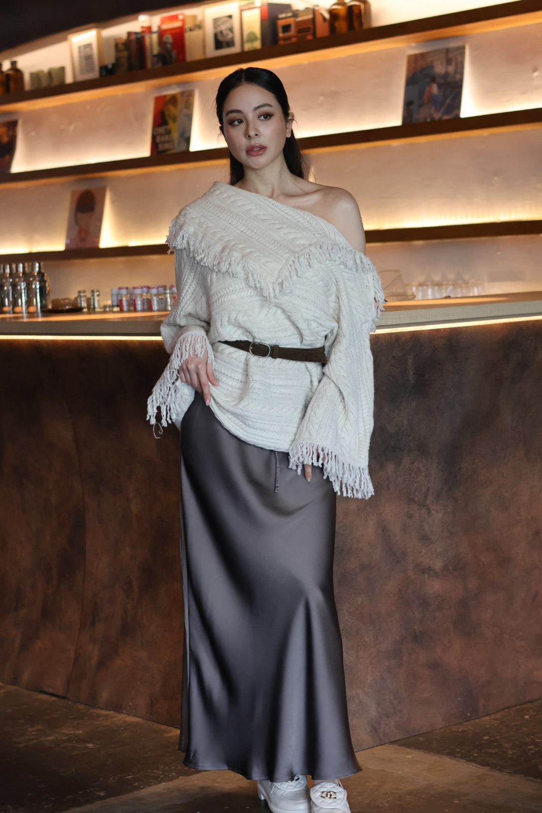 月光鬆緊緞面半裙-咖灰