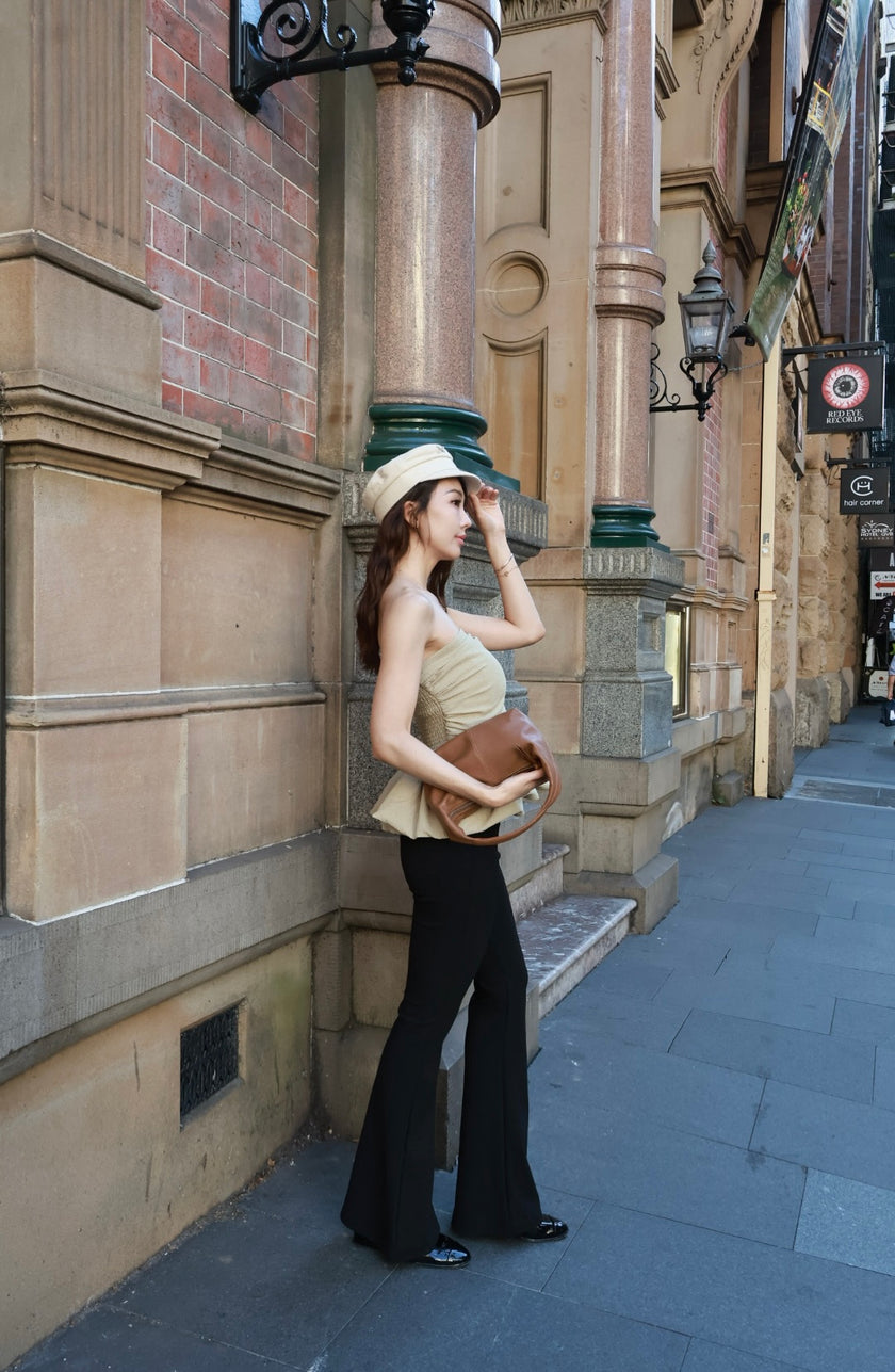 芭蕾抓皺平口上衣-芥黃