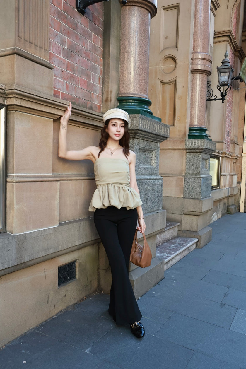 芭蕾抓皺平口上衣-芥黃