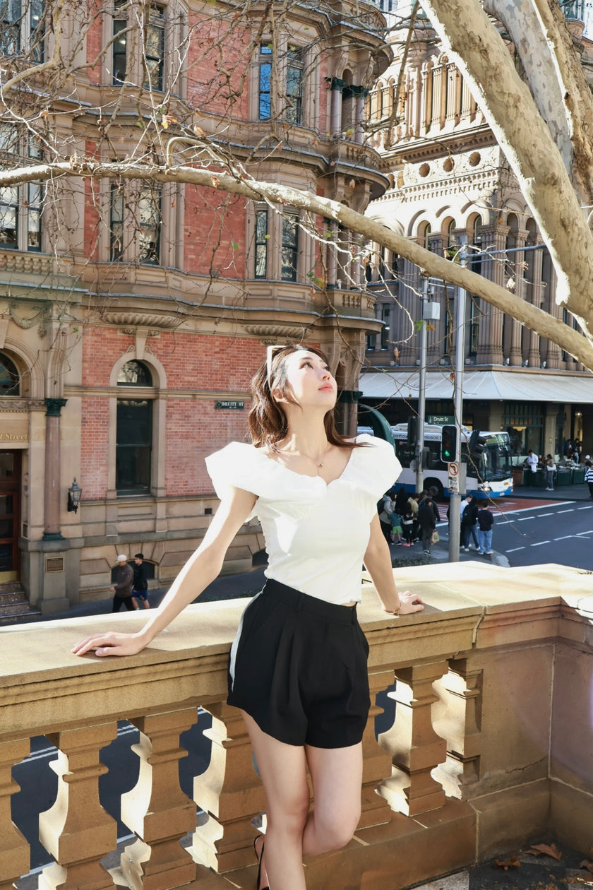 卡布里拼接澎袖上衣-白