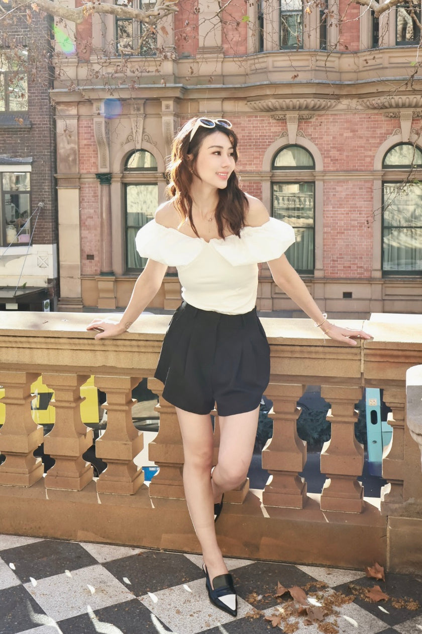 卡布里拼接澎袖上衣-白