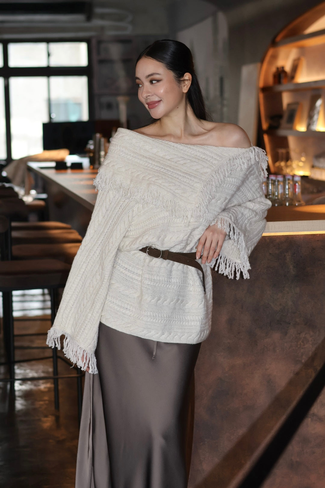 月光鬆緊緞面半裙-咖灰