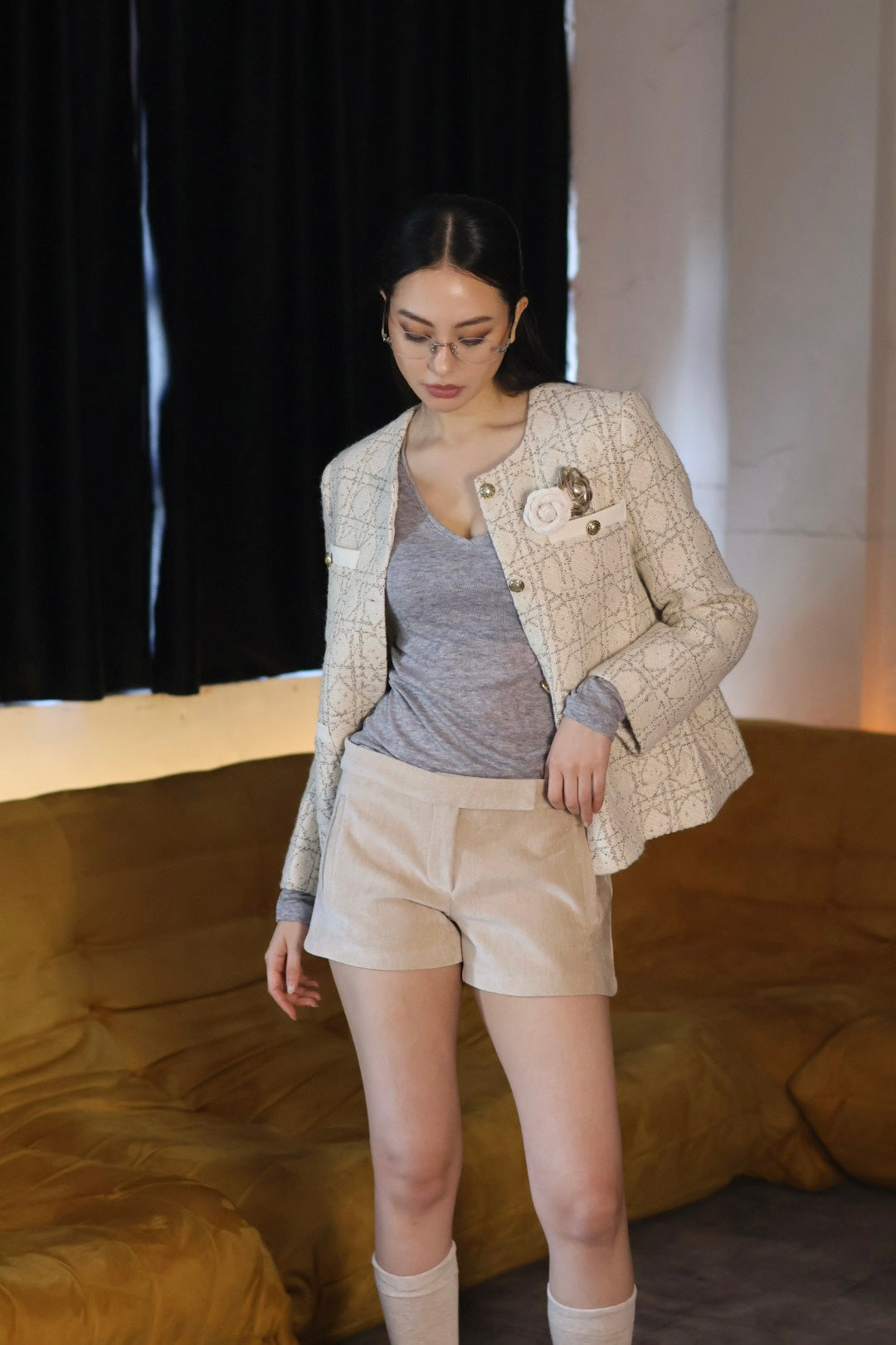 羊毛藤格紋西裝外套-米白