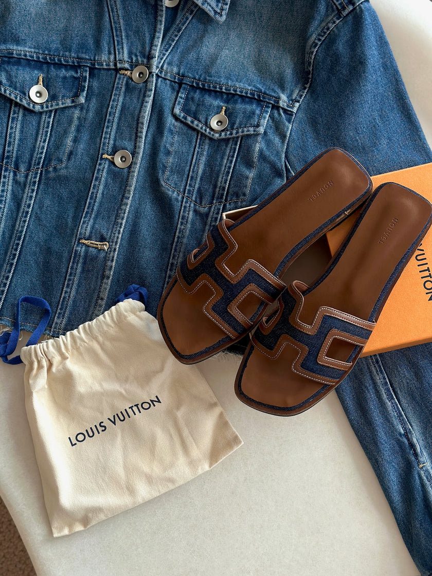 H帆布小牛皮涼拖鞋-牛仔藍