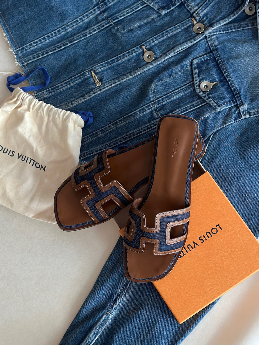 H帆布小牛皮涼拖鞋-牛仔藍