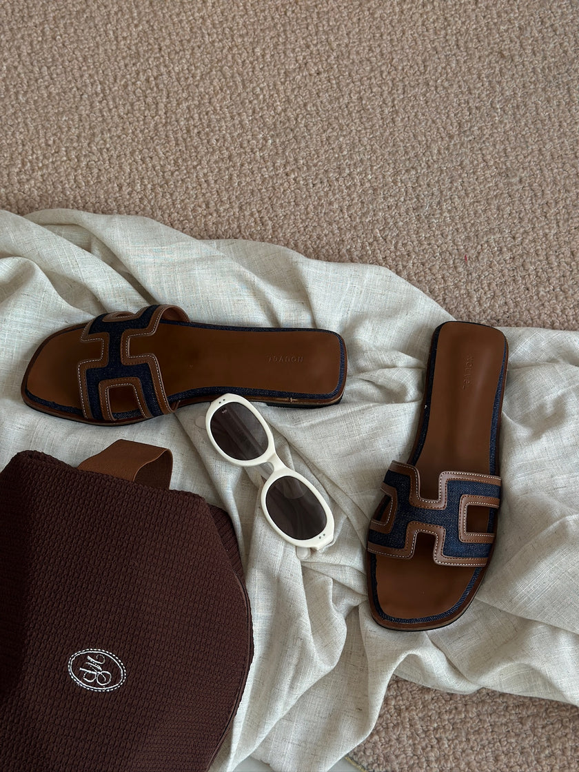 H帆布小牛皮涼拖鞋-牛仔藍