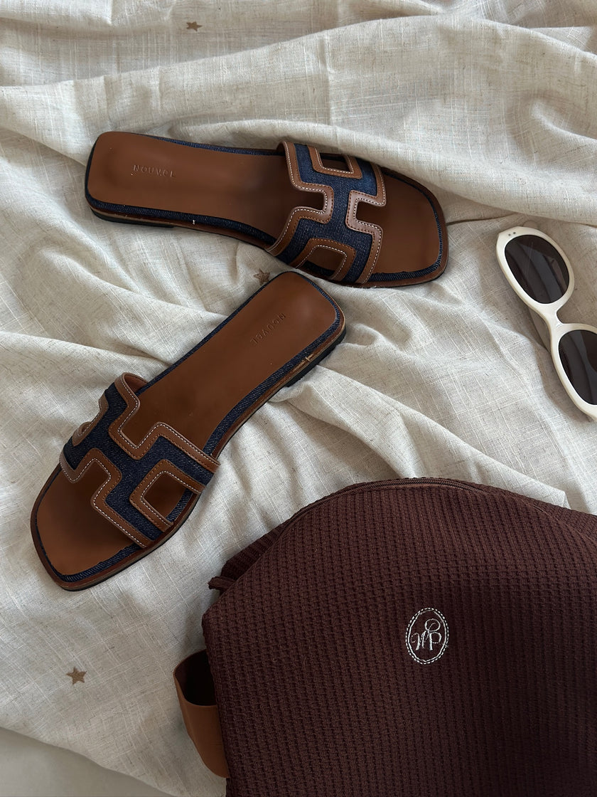 H帆布小牛皮涼拖鞋-牛仔藍