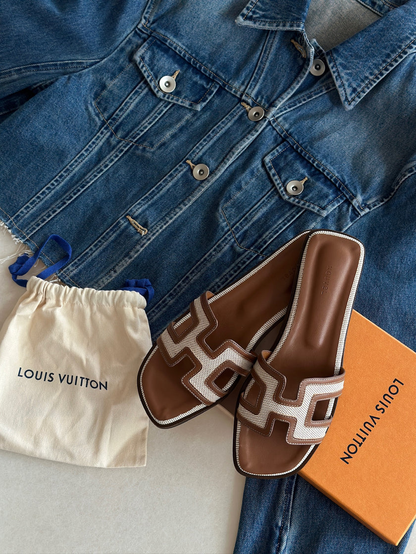 H帆布小牛皮涼拖鞋-金棕