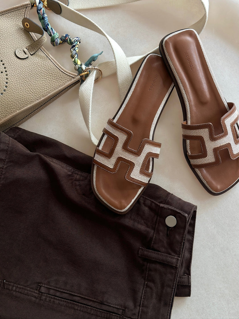 H帆布小牛皮涼拖鞋-金棕