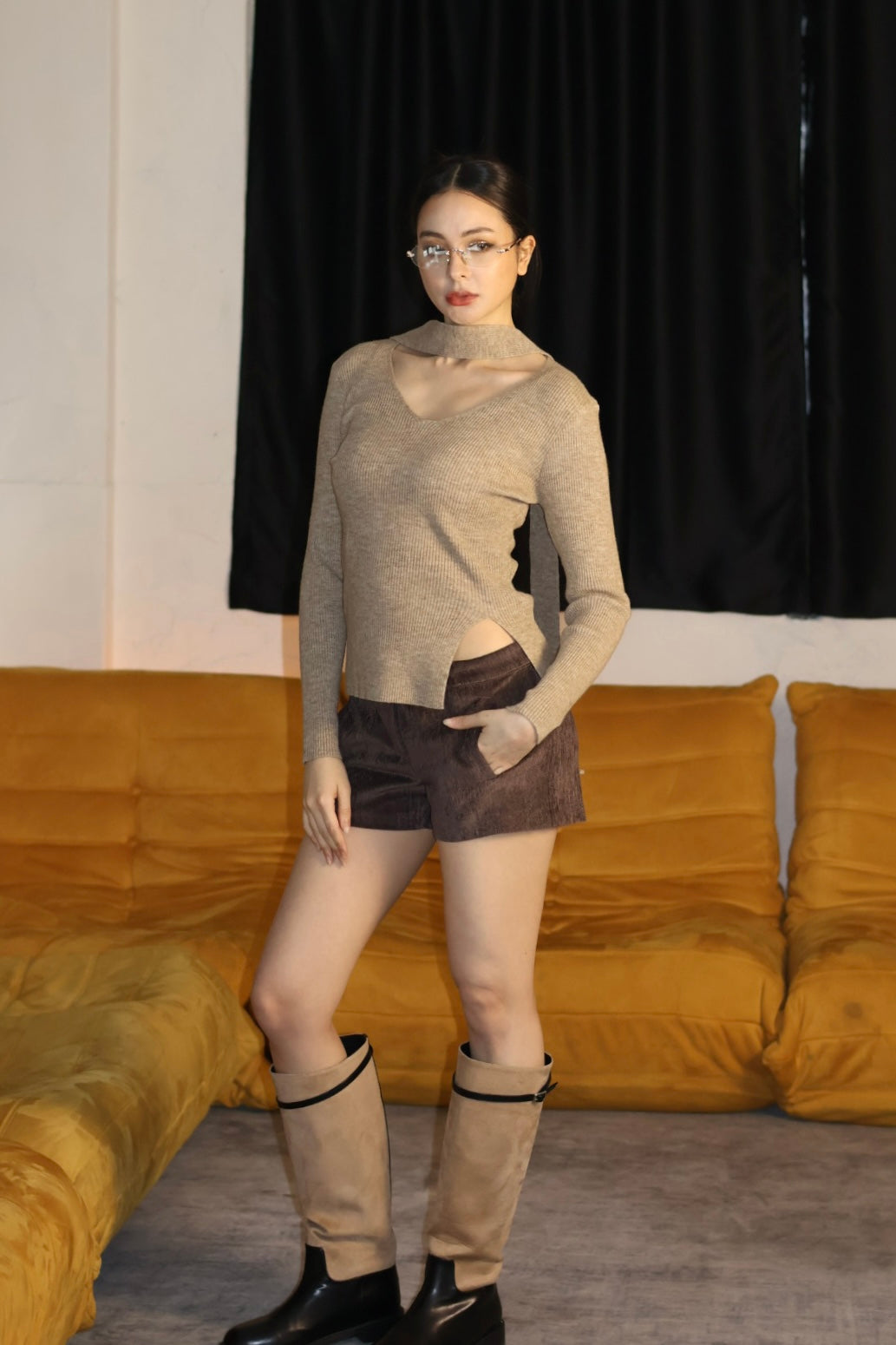 霧光低腰短褲-咖