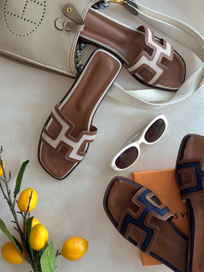 H帆布小牛皮涼拖鞋-金棕