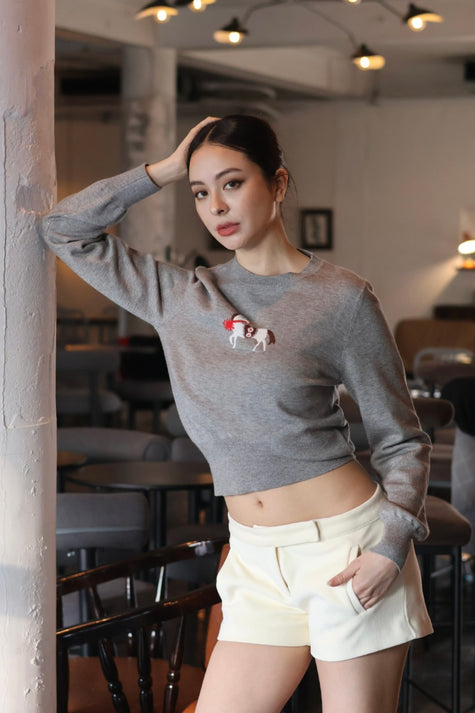 新年小馬刺繡毛衣-灰