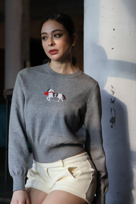 新年小馬刺繡毛衣-灰