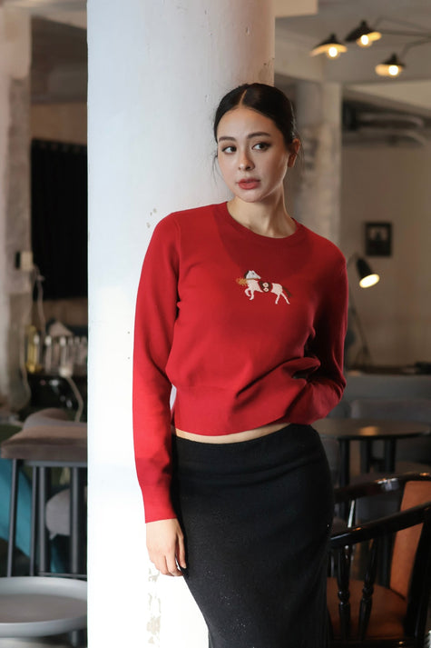 新年小馬刺繡毛衣-紅