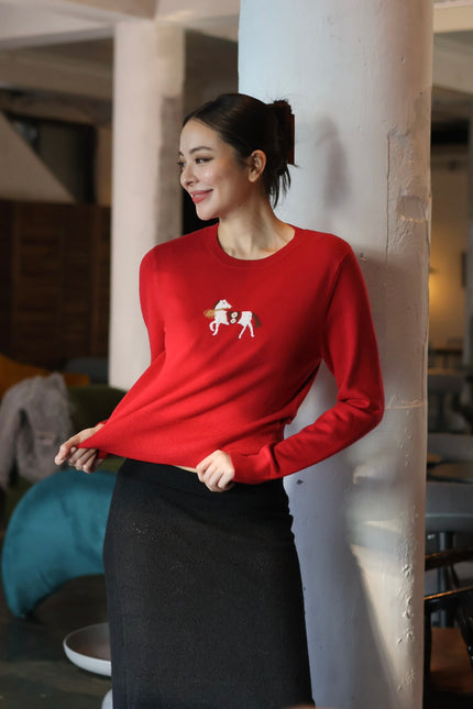 新年小馬刺繡毛衣-紅