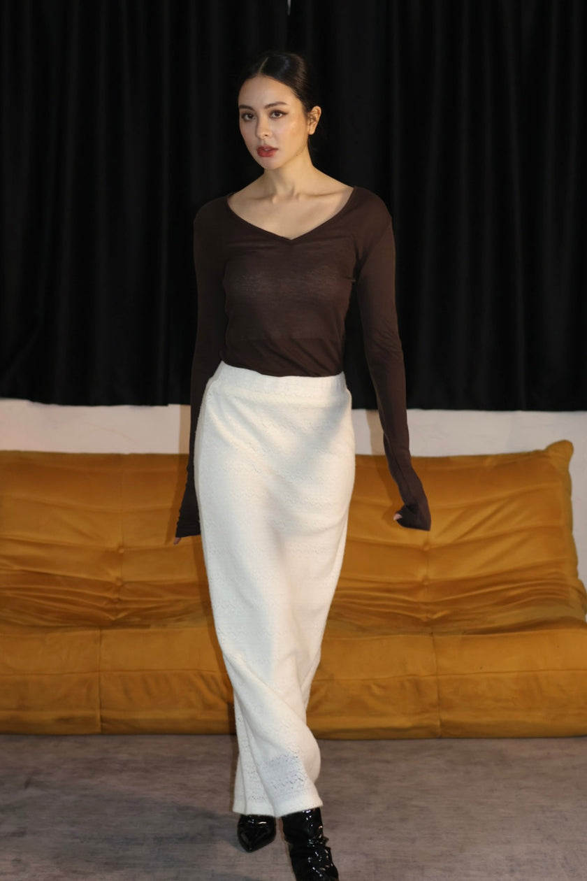 曲線緹花魚尾半裙-白