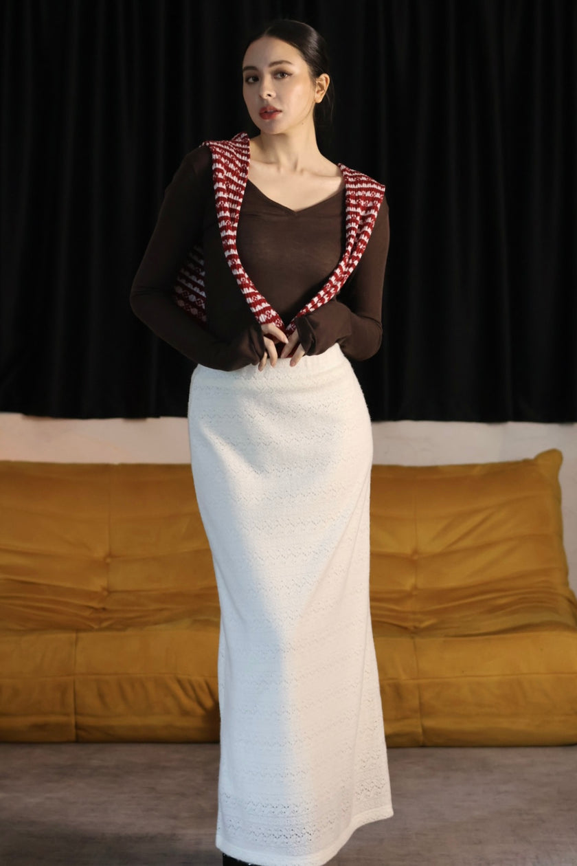 曲線緹花魚尾半裙-白