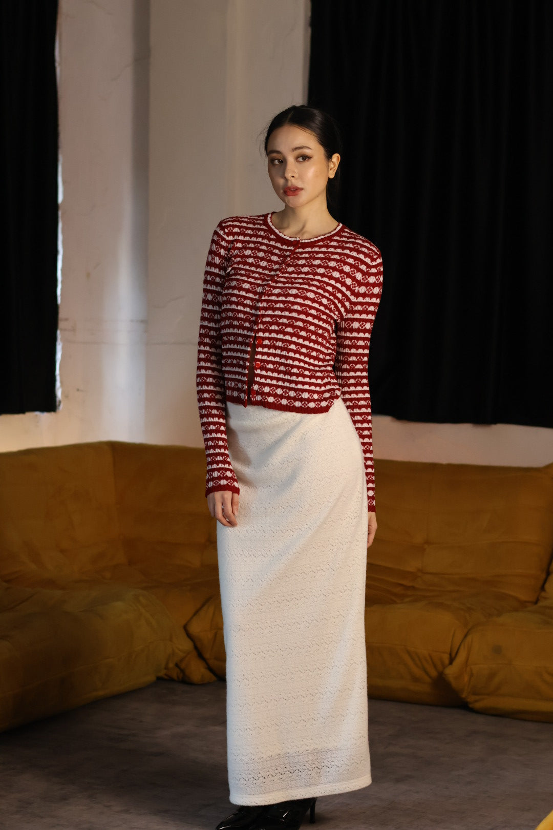 曲線緹花魚尾半裙-白