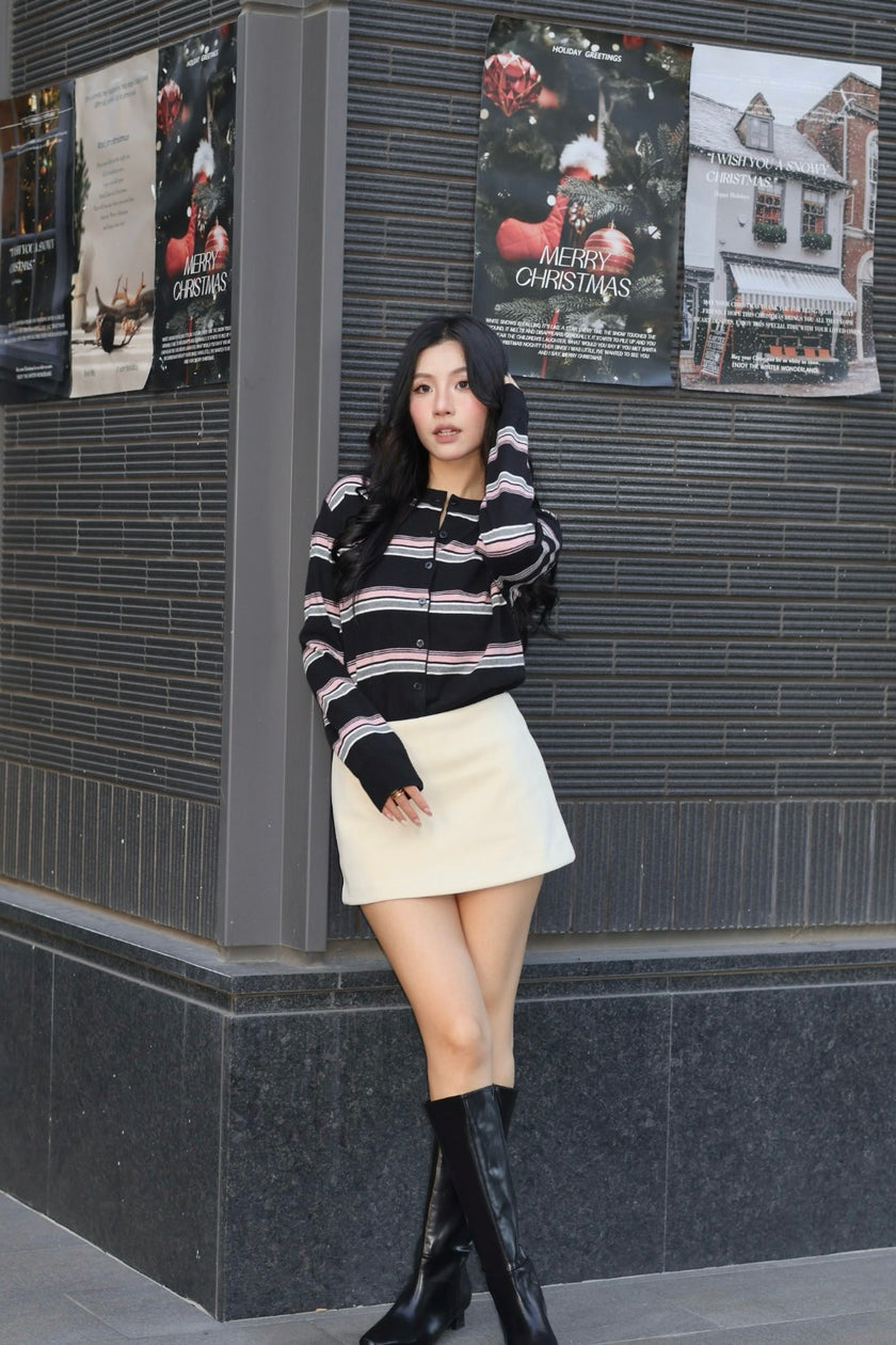 Miu系拼色條紋羊毛衫-黑