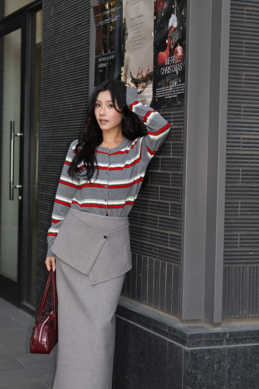 Miu系拼色條紋羊毛衫-灰