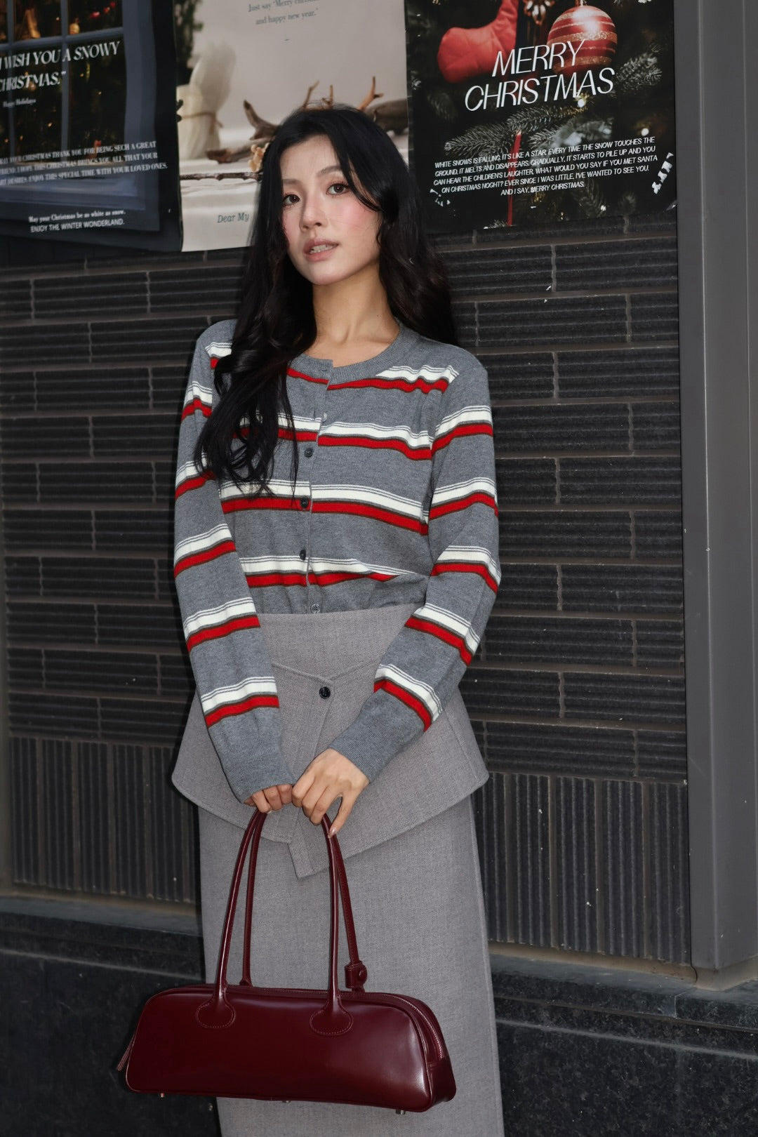 Miu系拼色條紋羊毛衫-灰