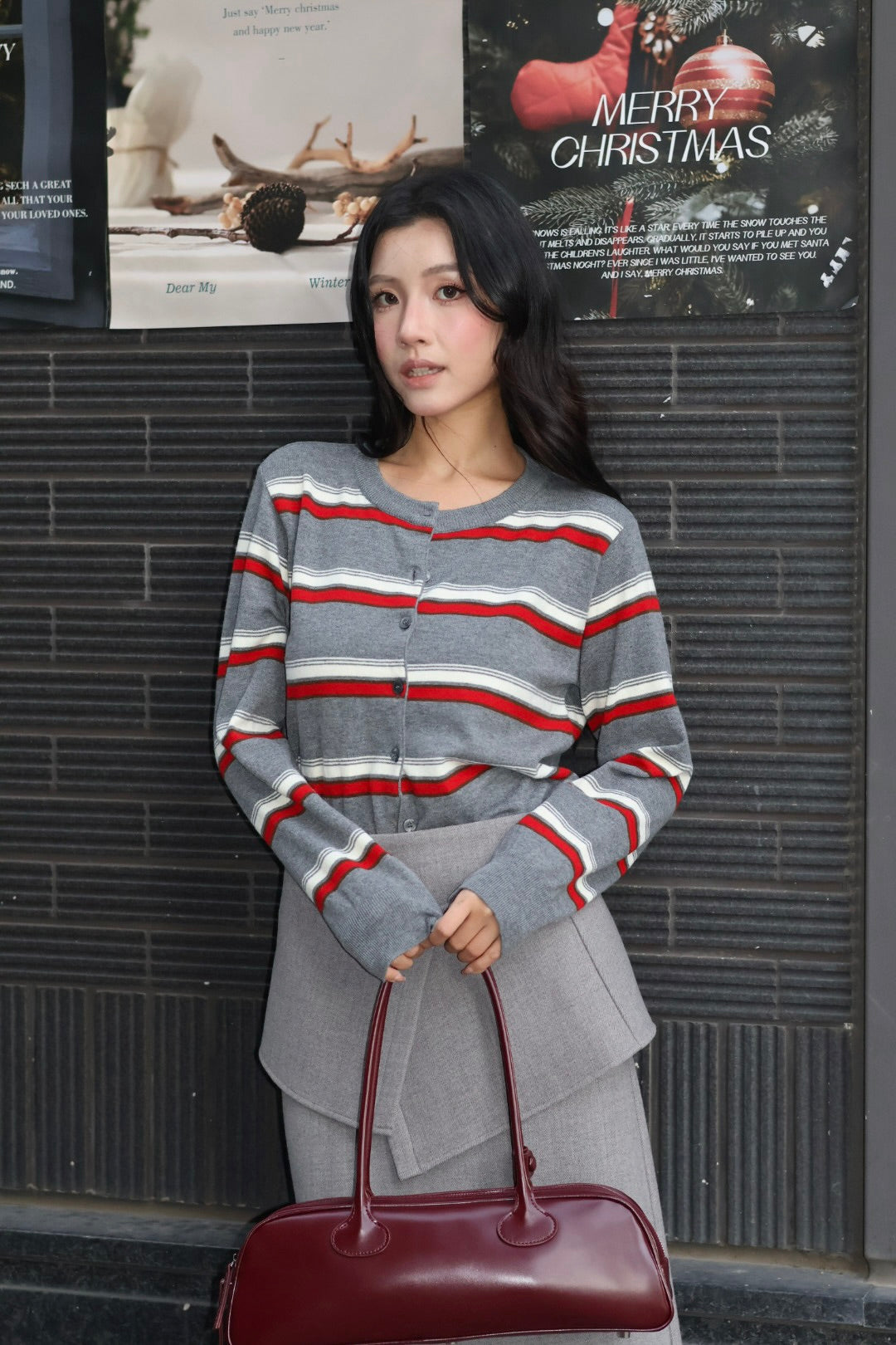 Miu系拼色條紋羊毛衫-灰