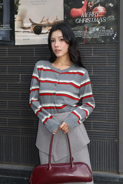 Miu系拼色條紋羊毛衫-灰