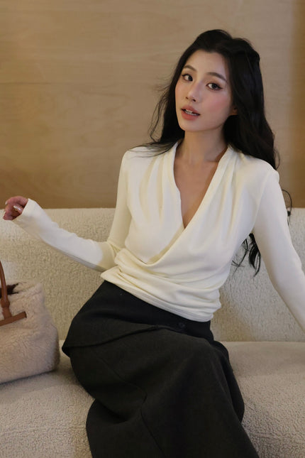 V領交叉抓絨上衣-杏