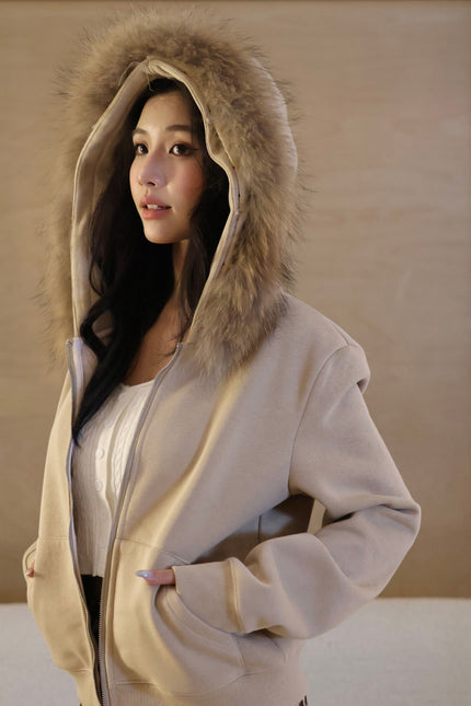 休閒狐狸毛連帽外套-卡其