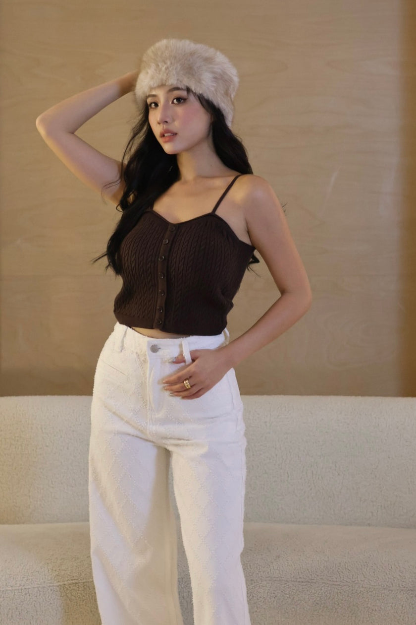 麻花織紋排釦背心-咖