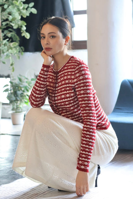 幸運緹花針織開衫-紅