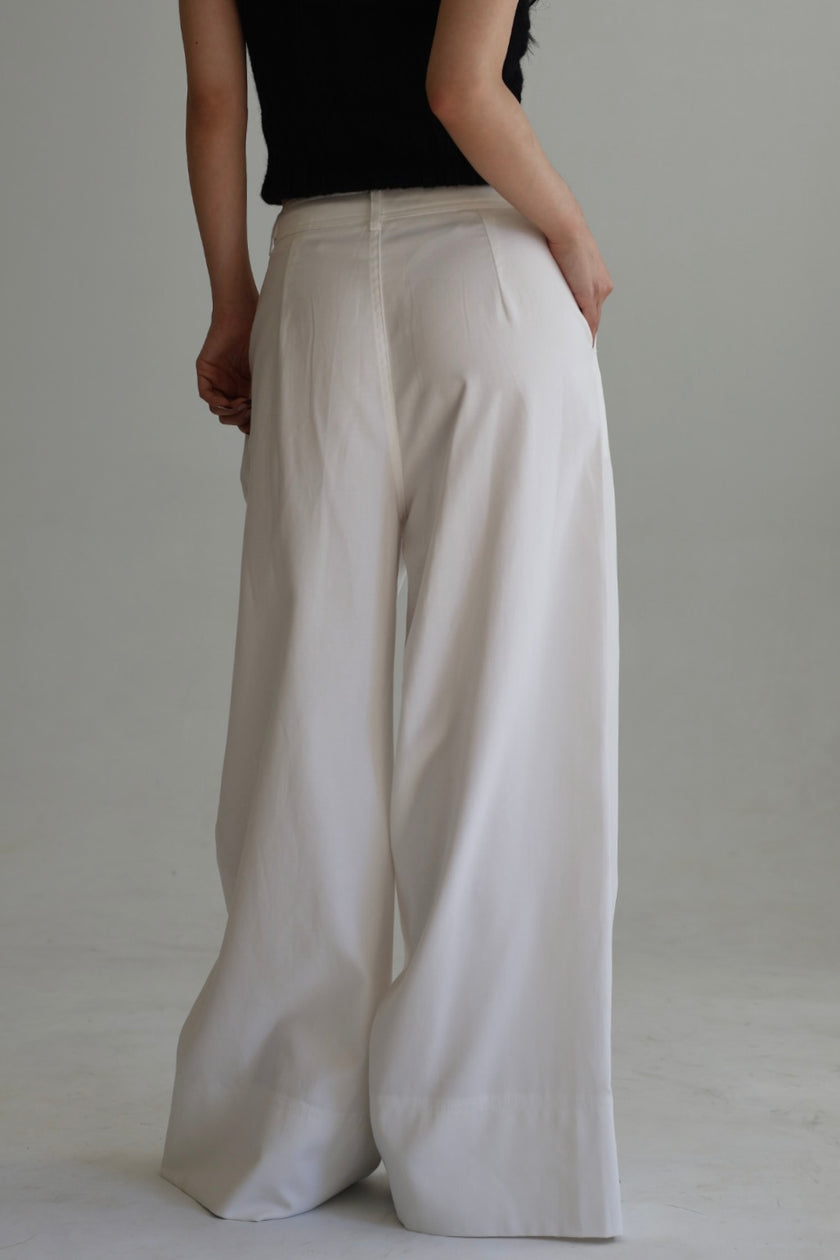 挺版打褶闊腿褲-白