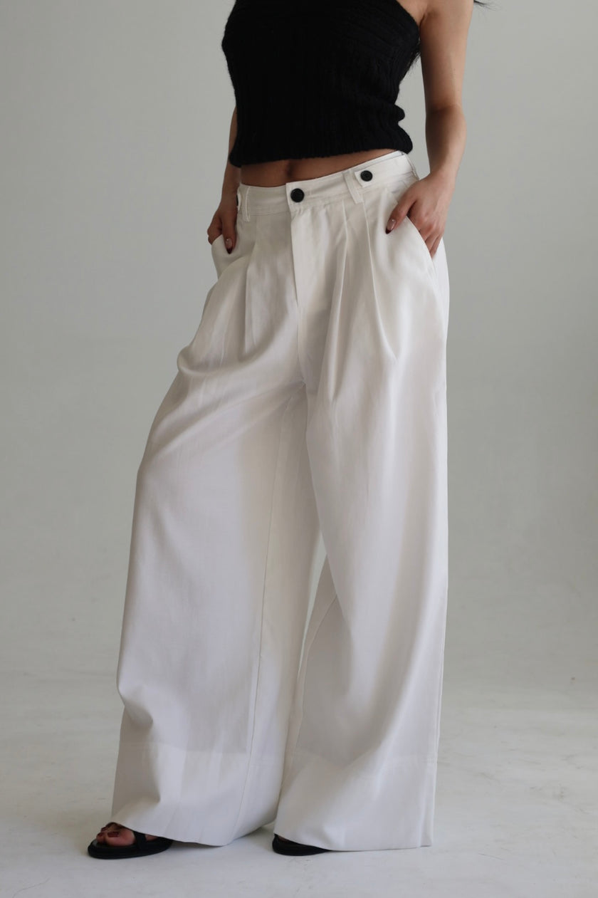 挺版打褶闊腿褲-白
