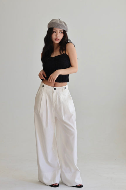 挺版打褶闊腿褲-白