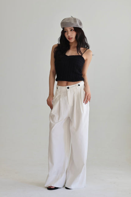 挺版打褶闊腿褲-白