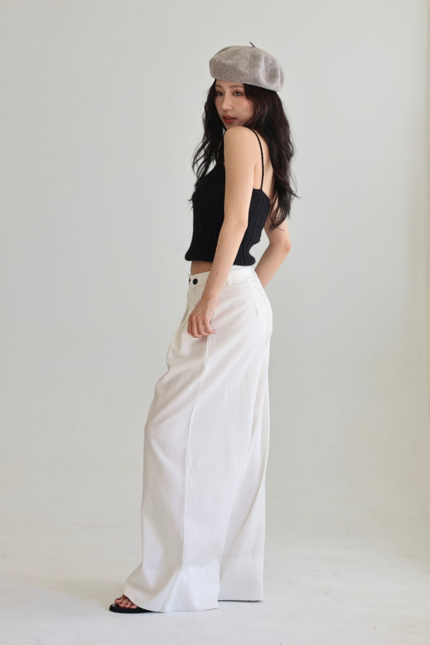 挺版打褶闊腿褲-白